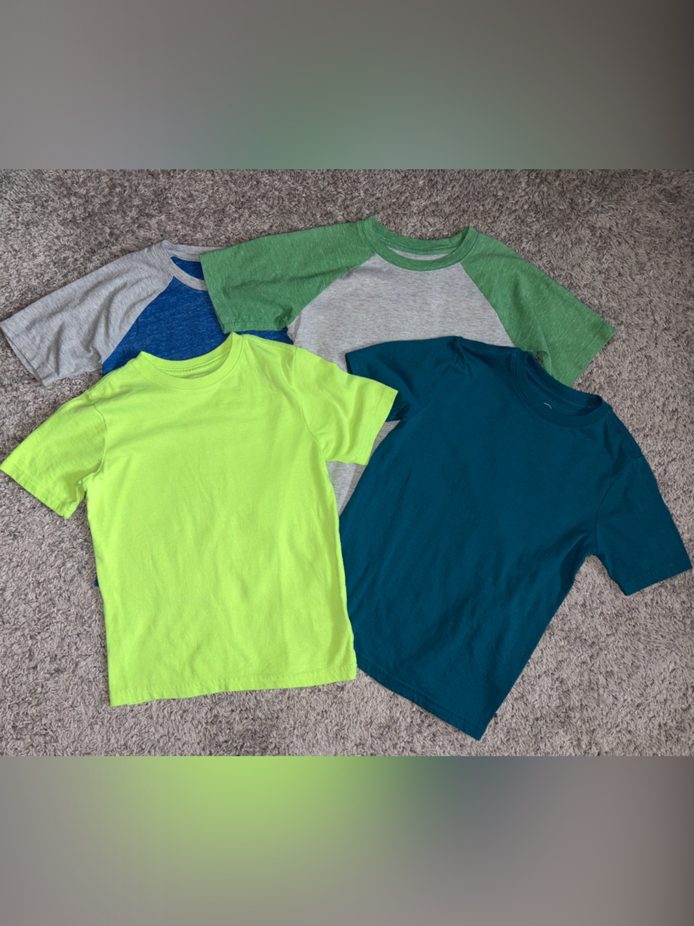 Kids Short-Sleeve T-Shirt- neon yellow, dark Teal, Gray/ Green, Blue/gray 6/7
